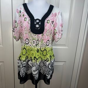 Dressbarn Women Blouse Sz 18/20 Accordion Pleats VNeck Balloon Short Sleeves